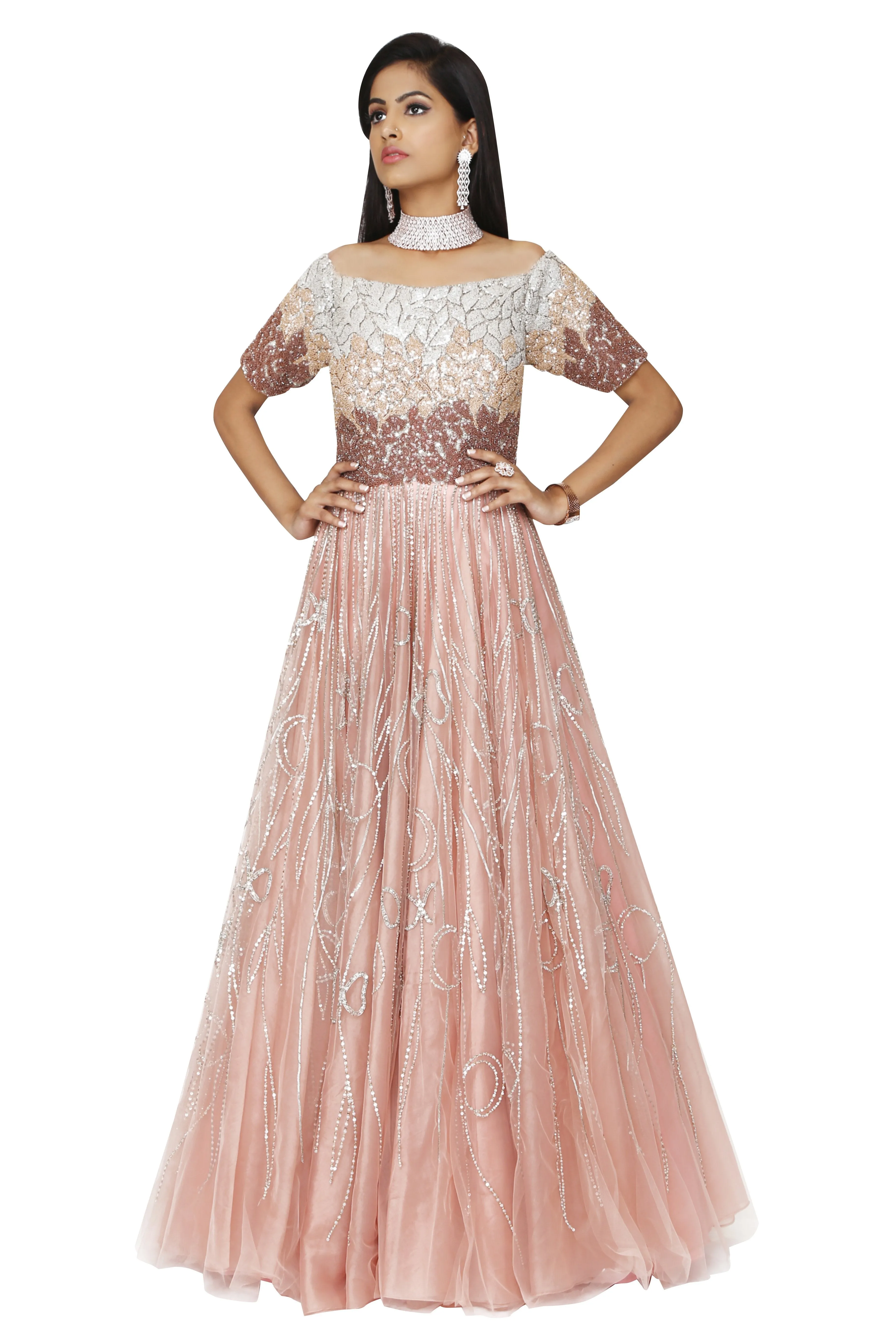 Rose pink Off shoulder gown.