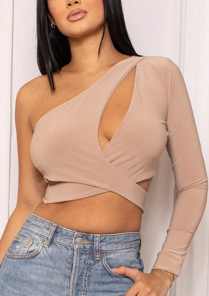 Shaira One Shoulder Wrap Crop Top - Red | Taupe