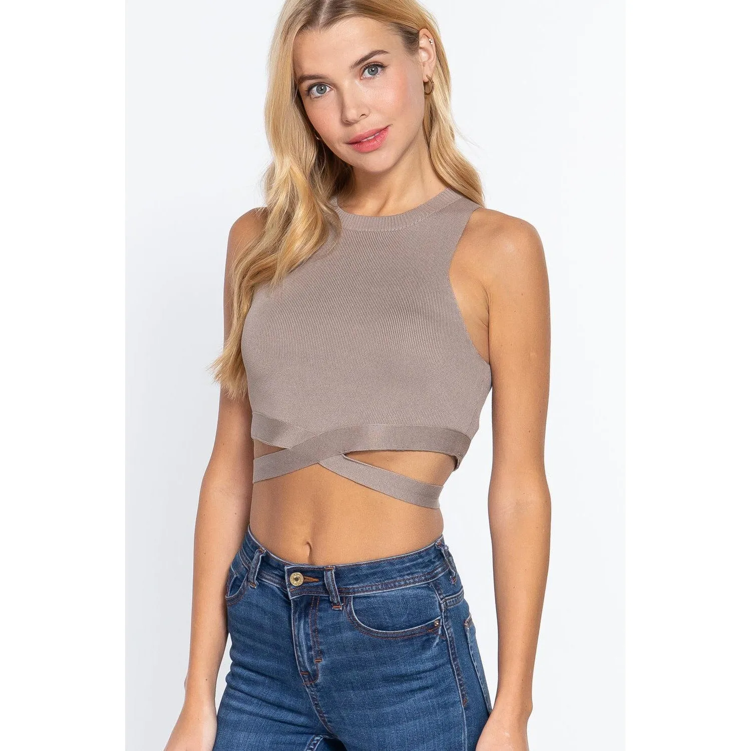 Sleeveless Crew Neck Waist Tie Crop Sweater Top