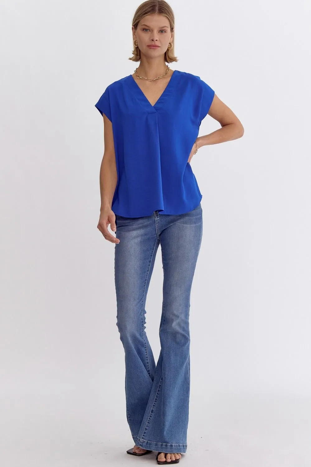 Solid V-neck Short Sleeve Placket Detail Top