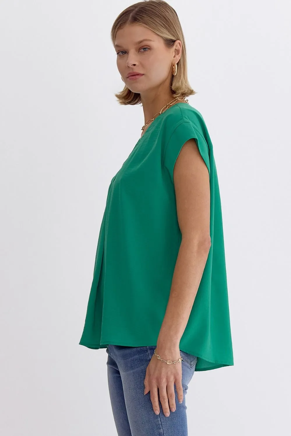 Solid V-neck Short Sleeve Placket Detail Top