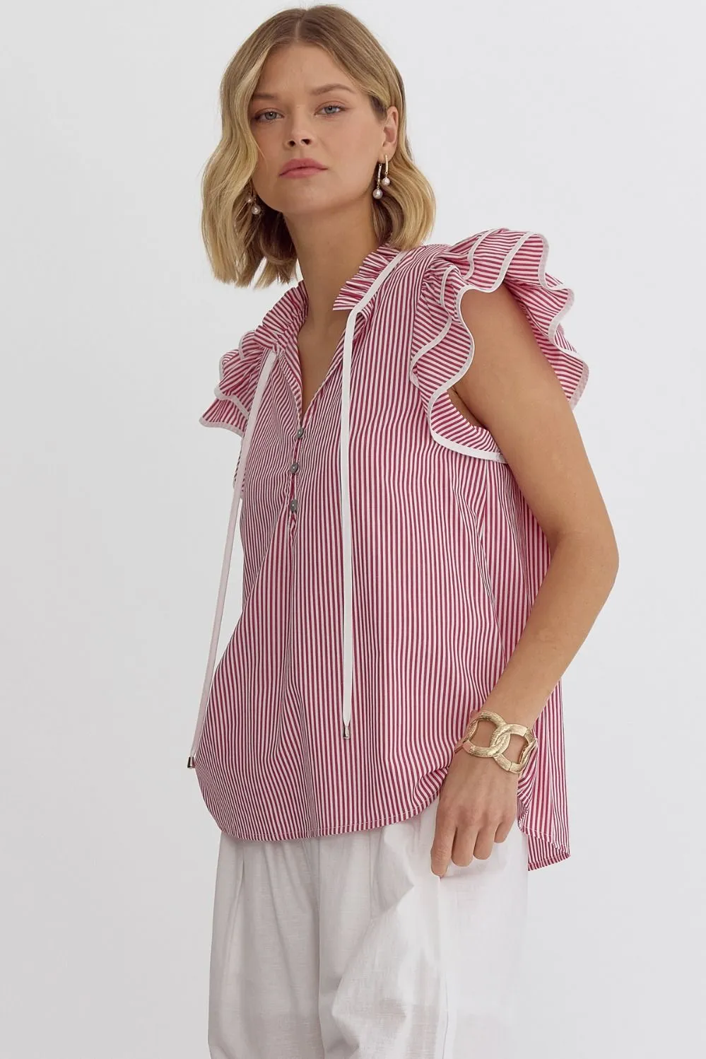 Striped Sleeves V-Neck Ruffled Neck and Sleeve