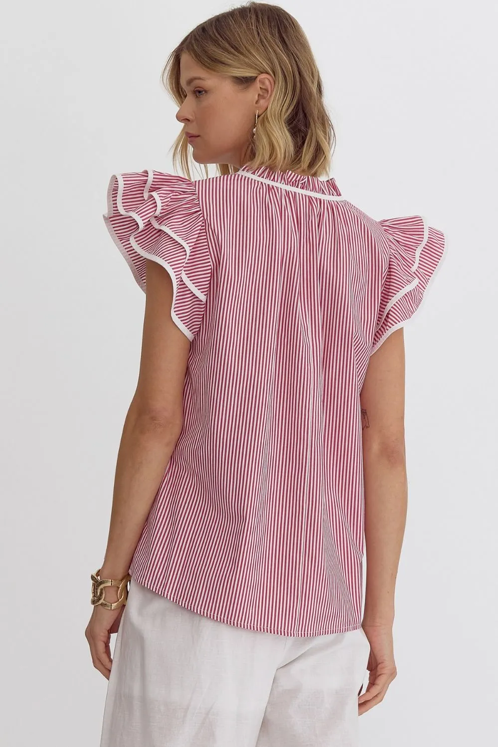 Striped Sleeves V-Neck Ruffled Neck and Sleeve