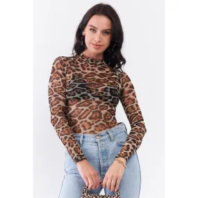 Taupe Brown Jaguar Print Sheer Mesh Mock Neck Long Sleeve Bodysuit