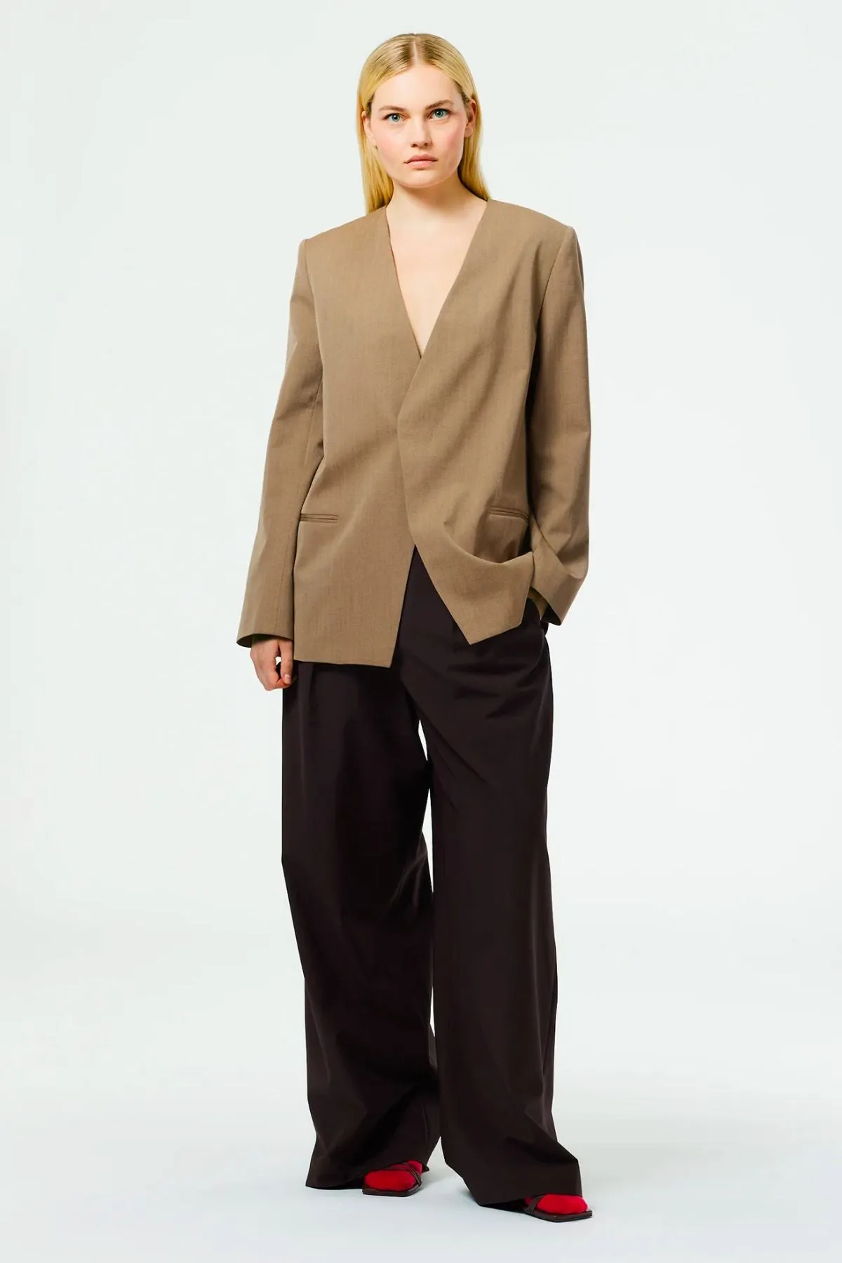 Tibi Wool Tricotine Blazer - Dark Tan