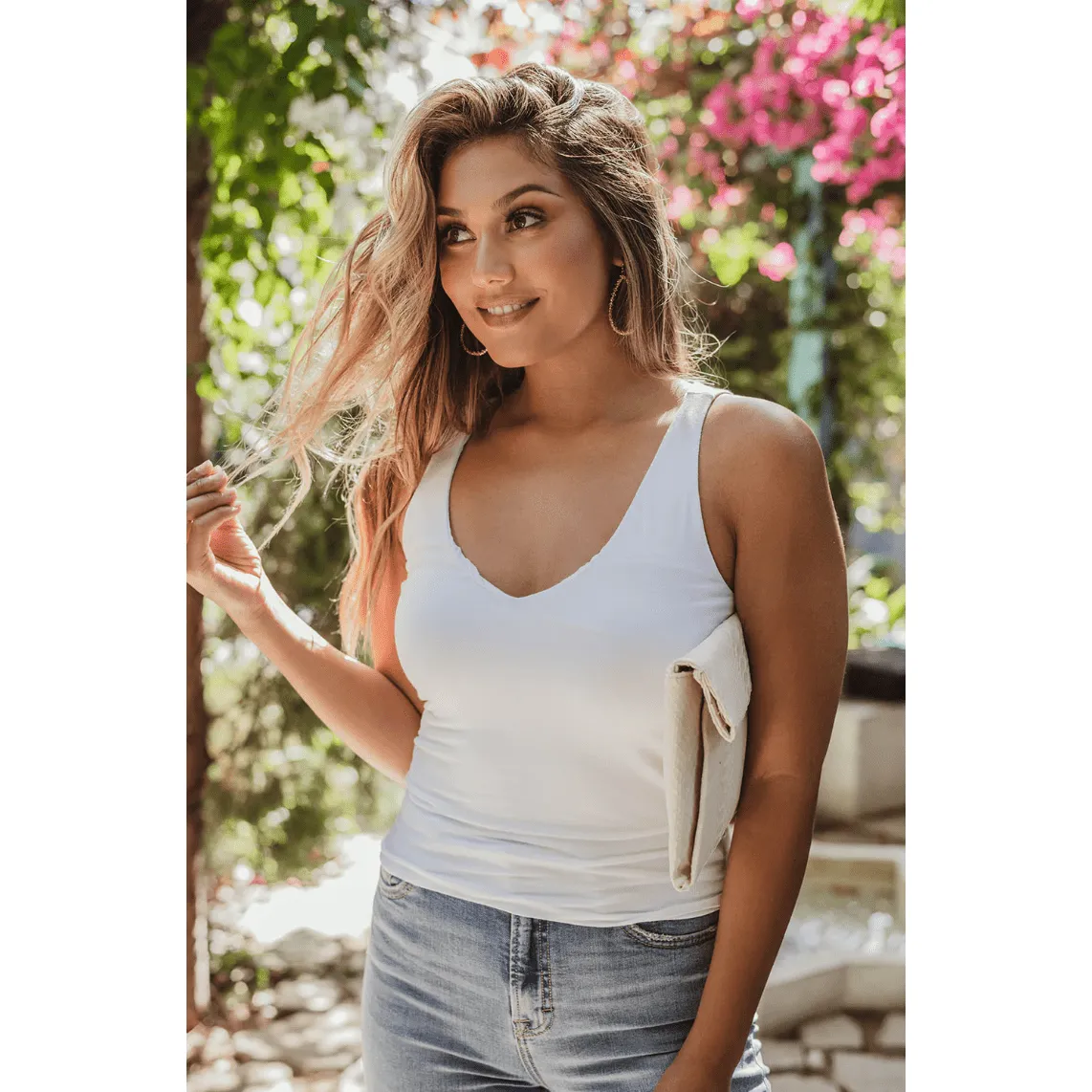 Veronica M Jersey Double Lined Tank V-Neck Top in White and Denim