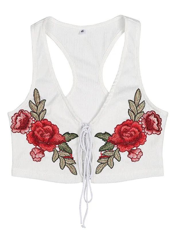 White Embroidered Lace-up Bra Crop Top