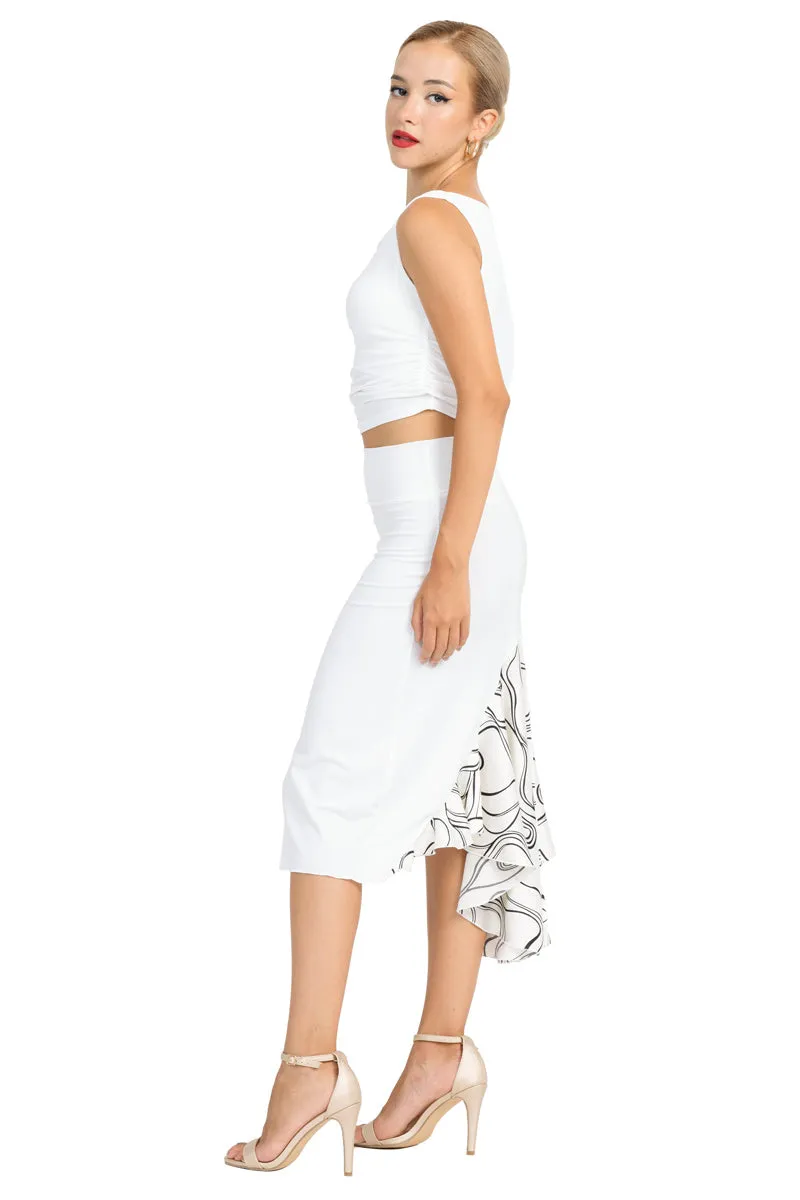 White Tango Skirt With Subtle Lines Print Satin Tail